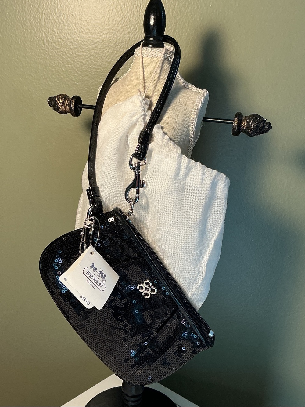 Coach NWT Black Sequin Wristlet with Signature Charm Hangtag with Dustbag